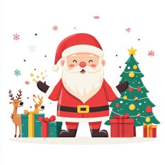 image of a cartoon santa claus with christmas tree, christmas gifts, reindeer in white minimalistic background	