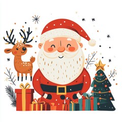 image of a cartoon santa claus with christmas tree, christmas gifts, reindeer in white minimalistic background	