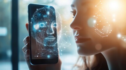 Poster - A hand gripping a phone displaying a facial recognition app interface, with dynamic scanning lines on-screen, set against a backdrop of soft natural light through a window