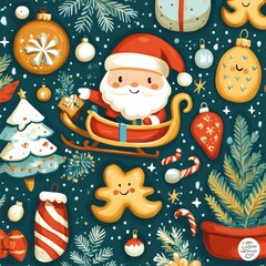 colorful christmas design with cute santa and sleigh with presents, and cute kawaii style christmas tree, and stockings, and gingerbread man	
