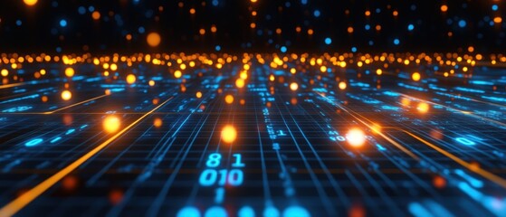 Poster - A digital landscape of glowing binary data, representing technology and information flow.