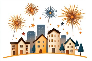 Poster - A flat 2D illustration of fireworks bursting in vibrant colors above a simple city skyline on a white background