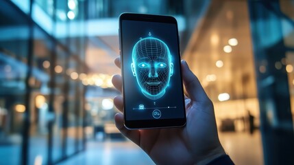 Poster - A hand holding a sleek smartphone running an AI facial recognition app, with a glowing face outline on the screen and a modern office environment in the background