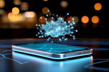 Aufkleber - A futuristic 3D depiction of a cellphone with glowing edges and an animated, holographic screen interface