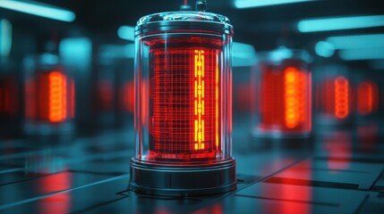 Aufkleber - A futuristic, glowing power source encased in glass, illuminated with red lights, set in a high-tech environment.