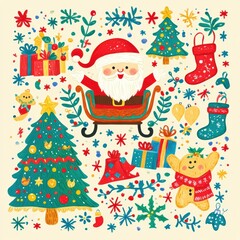 colorful christmas design with cute santa and sleigh with presents, and cute kawaii style christmas tree, and stockings, and gingerbread man	 Christmas theme design background.
