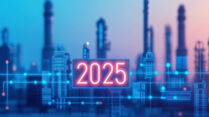 Poster - A futuristic cityscape highlighting the year 2025, with illuminated buildings and industrial silhouettes against a vibrant, gradient sky.