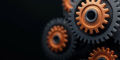 Poster - A close-up of interlocking gears with a sleek, modern design, showcasing a combination of black and copper colors against a dark background.
