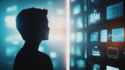 Poster - A silhouette of a person gazing at digital screens displaying data and graphics.
