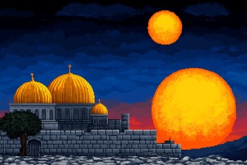 Poster - A pixel art depiction of a Byzantine cityscape with glowing golden domes and detailed mosaics, set against a vibrant sunset