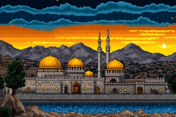 Poster - A pixel art depiction of a Byzantine cityscape with glowing golden domes and detailed mosaics, set against a vibrant sunset