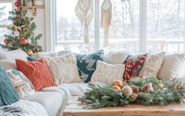 Wall Mural - Cozy winter living room with festive decorations and warm textures near a snowy landscape