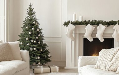 Wall Mural - Cozy Christmas living room with tree, stockings, and fireplace decorations ready for the holiday season