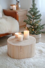 Wall Mural - Cozy interior with a wooden coffee table, candles, and a decorated Christmas tree in a warm setting