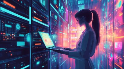 Leinwandbilder - A focused woman stands in a modern server room, utilizing a laptop while surrounded by colorful digital displays and vibrant lights.