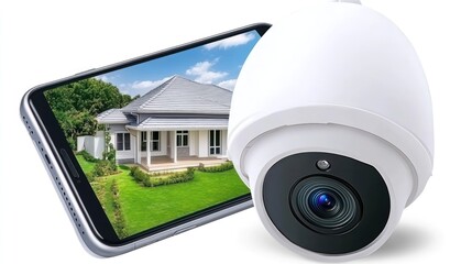 Poster - A security camera next to a smartphone displaying a house for monitoring purposes.