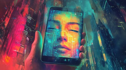 Poster - An artistic shot of a smartphone in hand with an active face recognition app, displaying scanning progress, set against a vibrant, colorful urban skyline
