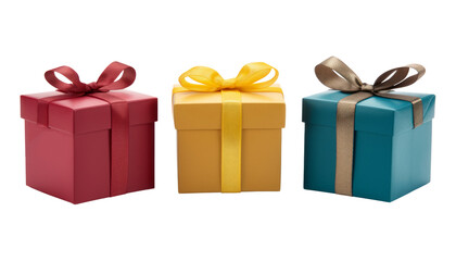 Canvas Print - three of green gold and blue gift box with ribbon isolated on transparent background cutout