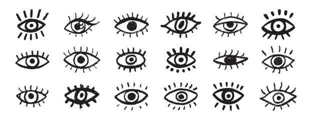 Wall Mural - Grunge eyes hand drawn doodle icon set. Open black eyes with bold line. Monochrome eye element