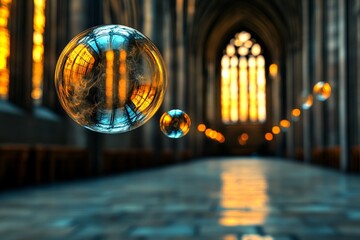 Poster - Dark, shadowy bubbles filled with smoke and glowing faintly, floating in a dimly lit gothic hall