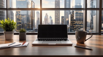 Poster - Modern office with a laptop and city view