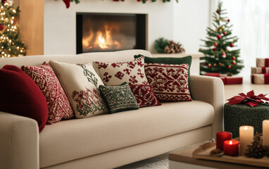 Wall Mural - Cozy holiday living room decorated with Christmas accents and a warm fireplace ambiance