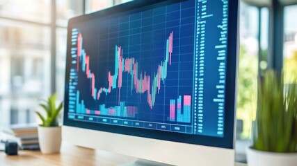 Poster - A computer monitor displays a colorful stock market graph and trading data.