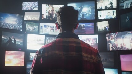 Poster - A person observes multiple screens displaying various images and videos in a dark room.