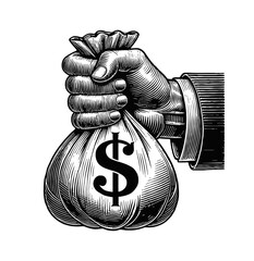 Wall Mural - hand holding money bag engraving black and white outline