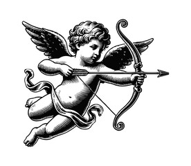Wall Mural - cherub engraving black and white outline