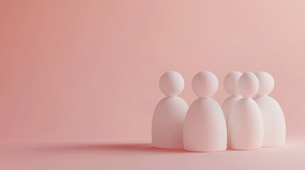 Poster - Five white figurines standing together on pink background representing teamwork and collaboration