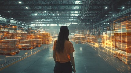 Aufkleber - A woman stands in a large warehouse, observing advanced technology that integrates artificial intelligence.