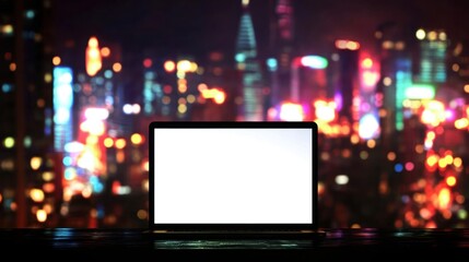 Poster - A blank laptop screen against a vibrant city skyline at night.