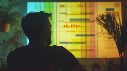 Poster - A person watches a colorful projection of data or charts in a dimly lit room.