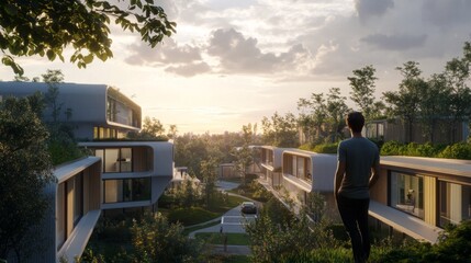 Poster - A person stands in a lush area observing modern real estate structures that blend with nature. The sunset casts a warm glow over the development, highlighting the peaceful environment and design.