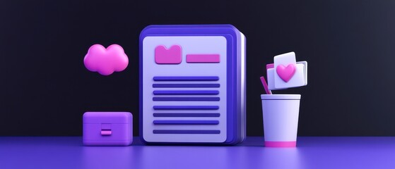 Poster - A 3D illustration featuring a notepad, cloud, cup, and photo, symbolizing creativity.