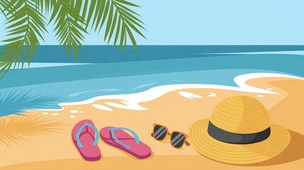 Wall Mural - a bright beach scene featuring flip-flops, sunglasses, and a straw hat on sandy shores near calm wav