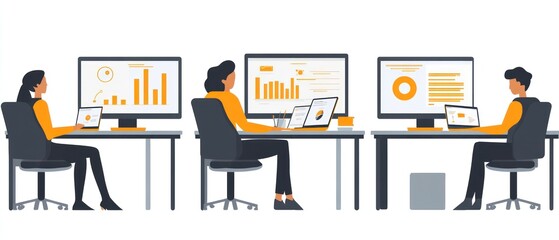 Poster - Three individuals working at desks with computers displaying data and analytics.