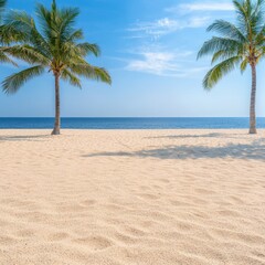 Wall Mural - Sunny beach scene with two palm trees and blue ocean.