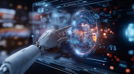 Fototapete - humanoid robot interacting with futuristic digital interface