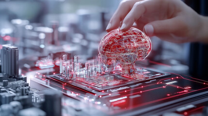 Fototapete - futuristic humanoid robot brain being manipulated in digital cityscape
