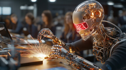 Poster - humanoid robot working with sparks in modern environment