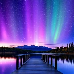 Wall Mural - Wooden dock extending into a serene lake under a vibrant aurora borealis and starry night sky, reflecting the colorful lights.