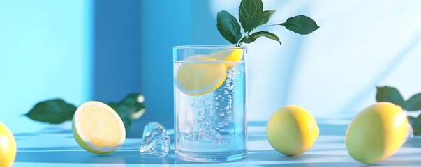 Poster - Refreshing summer drink with lemon slices and ice cubes on blue background