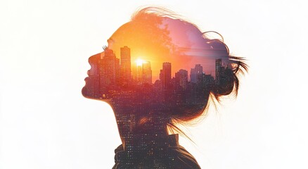 Wall Mural - an Asian woman in front of the city skyline at sunset, symbolizing her journey and success as she looks towards new challenges and future possibilities