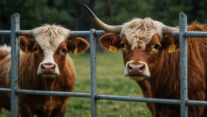 Wall Mural - Miniature Longhorn cattle behind a metal fence.