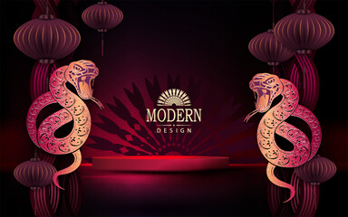 Wall Mural - Happy Chinese New Year, dark red card with snakes and round podium.