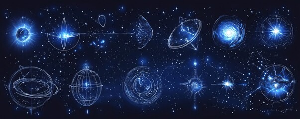 Aufkleber - Planets and stars rotating and emitting light in space