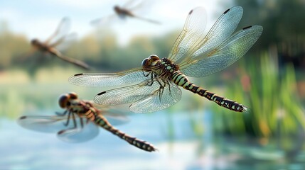 Canvas Print - Dragonflies in Flight Over a Summer Pond