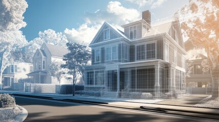 Poster - A view of a suburban neighborhood features a blend of classic architecture and a digital overlay of AI-generated building plans.